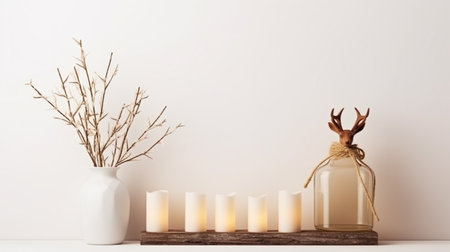 Empty white wall mock up with pine branches in vases, wooden deer, candles and lanternの素材