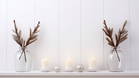 Empty white wall mock up with pine branches in vases, wooden deer, candles and lanternの素材