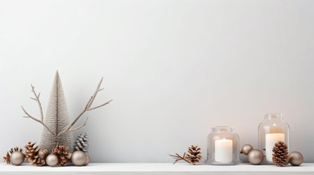 Empty white wall mock up with pine branches in vases, wooden deer, candles and lanternの素材
