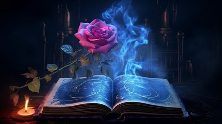 Fantasy magic dark background with a magic rose, flower, old book, old iron mirrorの素材