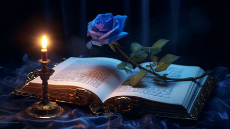 Fantasy magic dark background with a magic rose, flower, old book, old iron mirrorの素材
