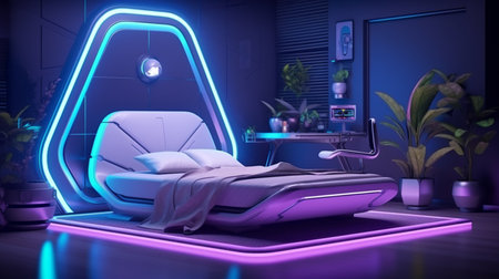 Futuristic bedroom with furniture, empty apartment or space ship interior with neon glowing bedの素材