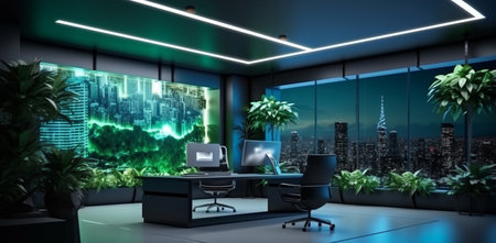 Futuristic interior office design with green wall plant and beautiful night scene cityscape viewの素材