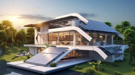 futuristic generic smart home with solar panels rooftop system. A futuristic house designの素材
