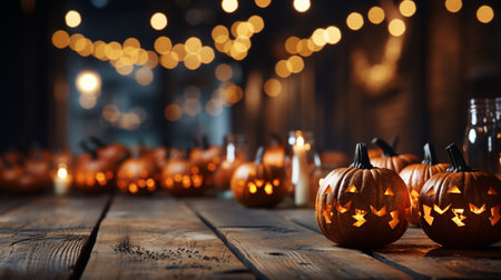 Blur background Empty wooden table top with halloween decorated. Generative AIの素材