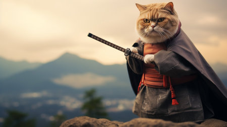 funny fat cat wearing samurai uniforms, blur Fuji montain, japan background. AI Generativeの素材
