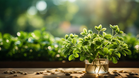 Wood table top on blur of window with garden flower background in morning. AI Generativeの素材