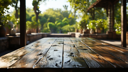 Wood table top on blur of window with garden flower background in morning. AI Generativeの素材