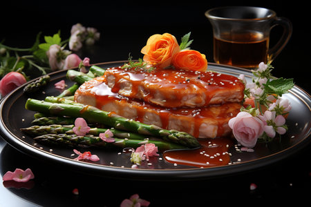 plate of freshly grilled juicy beef steak meat with thyme and asparagus. AI Generativeの素材