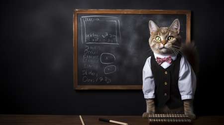 Funny cat are wear teacher uniforms, tie and holding a book on chalkboard background. Generative AIの素材