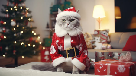 Cat wearing Santa Claus uniforms, santa claus shirt and a hat. Christmas background. Generative AIの素材