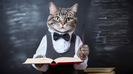 Funny cat are wear teacher uniforms, tie and holding a book on chalkboard background. Generative AIの素材