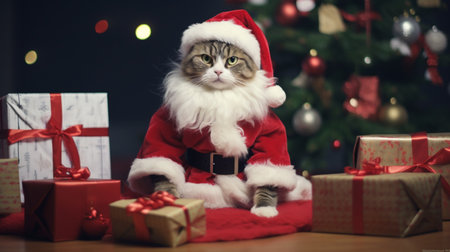 Cat wearing Santa Claus uniforms, santa claus shirt and a hat. Christmas background. Generative AIの素材