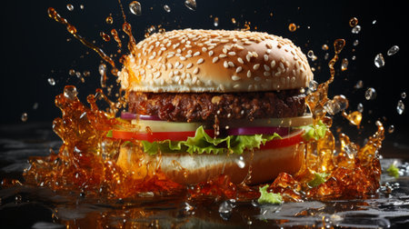 splashed levitate burger on black background. Generative AIの素材
