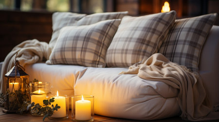 Composition of candles on white table against the background of sofa with pillows. Generative AIの素材