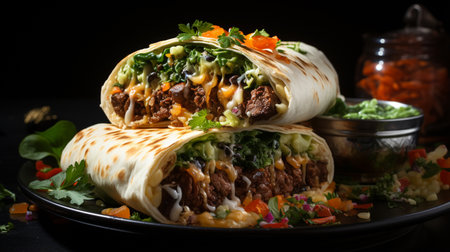 Burritos wraps with beef and vegetables on black backgroundの素材