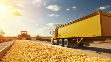 Harvester pouring freshly harvested corn maize seeds or soybeans into container trailer nearの素材
