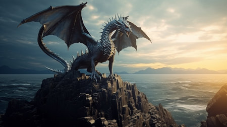 Dragon sits on a rock in the sea with its wings spread wide. Fantastic colorful scene with monsterの素材