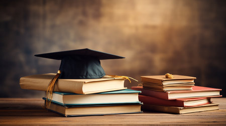 Minimal background for online education concept. Book with graduation hat in autumnの素材