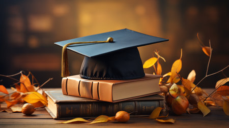 Minimal background for online education concept. Book with graduation hat in autumnの素材