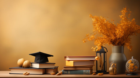 Minimal background for online education concept. Book with graduation hat in autumnの素材