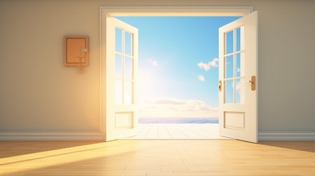 Open door with a key to a large bright luxury room with big windows in a new apartmentの素材