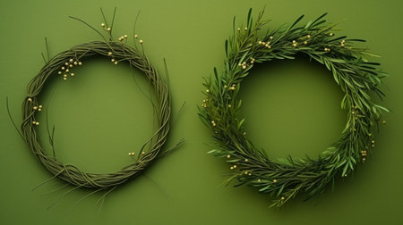Round homemade wreath frames made of fir needles and branches on olive wall. Christmas decorationの素材