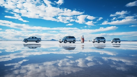 Salar de Uyuni in Bolivia covered with water with car and clouds reflectionsの素材