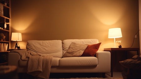 Photo pour Stylish interior of living room at night. Stylish studio apartment interior comfortable beige sofa - image libre de droit