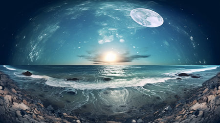 Surreal seascape with beautiful nebula, silver full moon and shimmering sea surface in fish eye viewの素材
