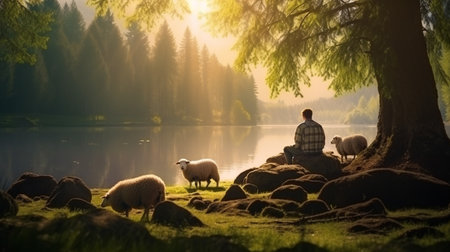 the shepherd with sheep in the deep forest on the grass beside a lake with beautiful sunlightの素材