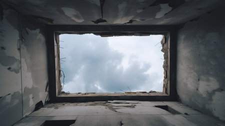View through a gap in the ceiling of a large building on the remains concrete wall against gray skyの素材