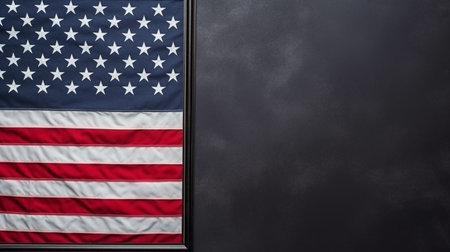 vintage American flag bordering a blank chalkboard with blank space for textの素材