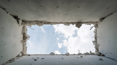 View through a gap in the ceiling of a large building on the remains concrete wall against gray skyの素材