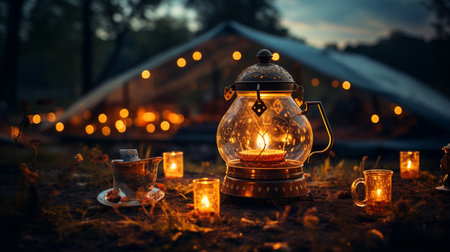 Vintage coffee pot on camping fire. Small kettle is heated on a bonfire travel in the mountains.の素材