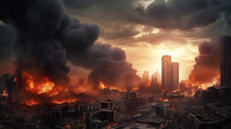 View of destruction city with fires and explosion over dramatic sky backgroundの素材
