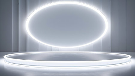 White minimalistic abstract background. Neon light from lamps on the walls of the circular stageの素材