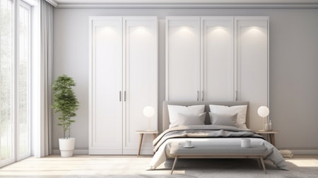 White wooden wardrobe in scandinavian style interior design background modern cozy bed roomの素材