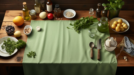 White wooden table covered with green tablecloth and cooking utensilsの素材