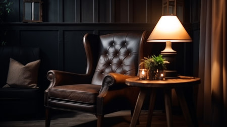 Wing chair near rustic wooden coffee table. Stylish scandinavian interior with design sofaの素材