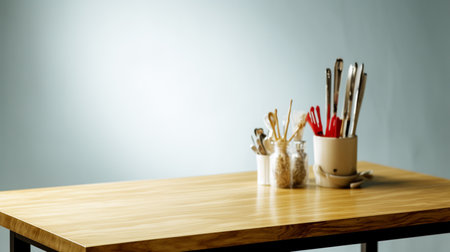 Empty wooden desk on blurred kitchen window for product presentationの素材