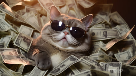 happy fat CAT wearing hip hop boy uniforms, and sunglasses on banknotes background . Generative AIの素材