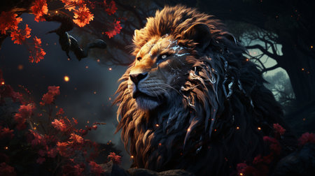embossed leather lion on the fantasy glowing floral forest in the night. Generative AIの素材