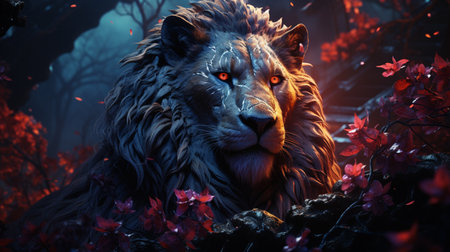 embossed leather lion on the fantasy glowing floral forest in the night. Generative AIの素材