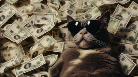 happy fat CAT wearing hip hop boy uniforms, and sunglasses on banknotes background . Generative AIの素材