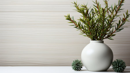 Empty white wall mock up with green fir branches in a vase on a white table. Generative AIの素材