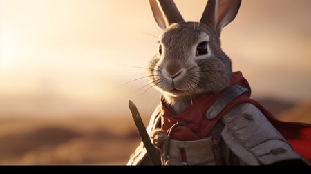 rabbit wearing samurai uniforms, knife on hand on the desert background. Generative AIの素材
