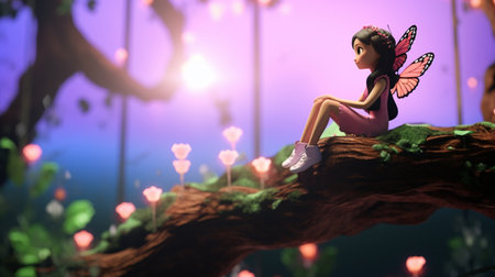 Fairy sitting on a tree branch while looking forwards. Generative AIの素材