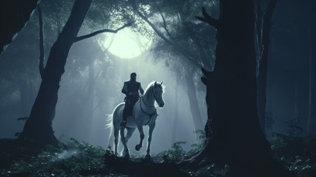 white horse and girl walking trough under super big full moon fantasy. Generative AIの素材