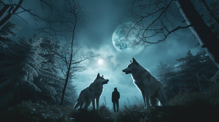 silhouette of a boy and a big wolf at night. Digital art style, illustration. Generative AIの素材